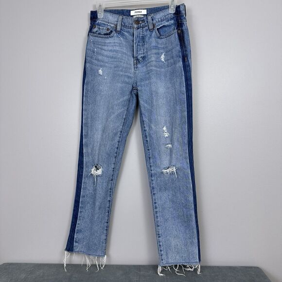 Pistola Charlie High Rise Straight Leg Jeans Size 25 Raw Hem Tonal Tuxedo Stripe - Picture 1 of 12